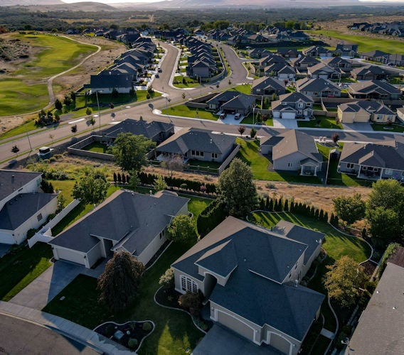 Aerial view of homes in the Horn Rapids community in Richland, WA